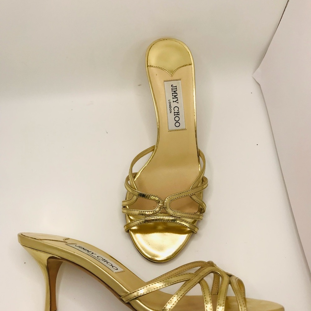 Jimmy Choo Metallic Gold Strappy Slide Heels - Picture 7 of 12
